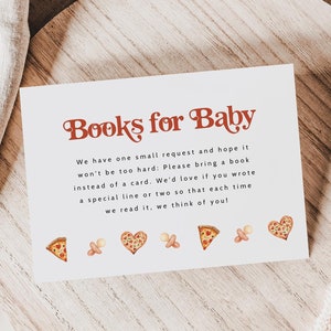 Boeken voor babysjabloon, pizzababyshower, babybibliotheekpasje, neem een boek mee in plaats van een kaart, inlegvellen babyshower, pizza en fopspenen
