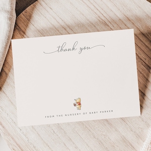 Plantilla de nota de agradecimiento para baby shower de Winnie the Pooh, tarjetas de agradecimiento editables para bebés, baby shower de osito Pooh, tarjetas de agradecimiento minimalistas