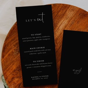 Black Wedding Dinner Menu Template — Minimalist Dinner Menu — Editable Wedding Menu Printable — Modern Boho Wedding — Audriana Collection