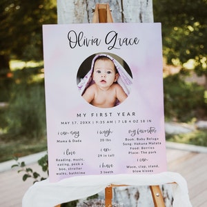 Pastel Baby Milestone Poster Template, First Birthday Milestone Board, Printable Baby Milestone Sign, Girl First Birthday Decor | ELLA