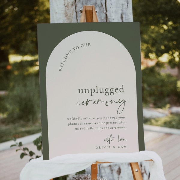 Gewölbte Olive Unplugged Ceremony Sign Template - Unplugged Hochzeit Zeremonialschild - Grünes Hochzeitsschild - Bearbeitbares modernes Boho Hochzeitsschild