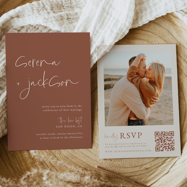 Earthy Boho Wedding Invitation with QR Code, Terracotta Wedding Invitation, Wedding Invitation with Photo, QR Code Wedding Invitation