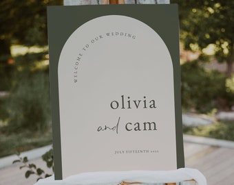 Gewölbte Olive Hochzeit Willkommensschild Vorlage — Moderne Boho Hochzeit Willkommensschild — Bearbeitbares Olivgrünes Hochzeitsschild zum Ausdrucken