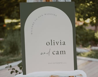 Arched Olive Wedding Welcome Sign Template — Modern Boho Wedding Welcome Sign — Editable Olive Green Wedding Sign Printable