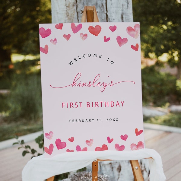 Valentine's Birthday Welcome Sign Template, Our Little Sweetheart, Girl Birthday Sign, Heart Theme Birthday Sign, Valentines Day Birthday