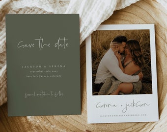 Olive Green Save the Date Template — Earthy Boho Save the Date — Wedding Save the Date with Photo — Minimalist Boho Save the Date