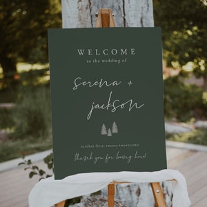 Modello di cartello di benvenuto per matrimonio verde foresta / Cartello di benvenuto per matrimonio rustico / Cartello per matrimonio verde modificabile / Cartello per matrimonio a tema foresta