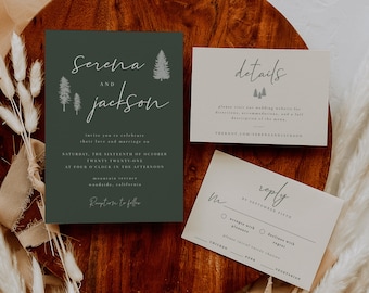 Forest Wedding Invitation Suite Template | Woodsy Wedding Invitation Set | Modern Pine Tree Wedding Invitation | Green Wedding Invites