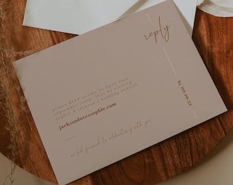 Plantilla de tarjeta de confirmación de asistencia para sitio web de boda en color óxido — Tarjeta de invitación para boda estilo boho — Tarjeta de confirmación de asistencia para boda imprimible — Tarjeta moderna para sitio web de boda