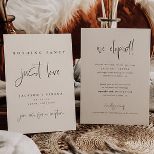 Modello di invito a nozze Nothing Fancy Just Love — Annuncio di fuga — We Eloped Card — Invito al ricevimento di nozze