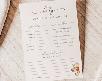 Winnie the Pooh Baby Predictions Template, Baby Prediction & Advice Cards, Advice for Parents to Be, Baby Shower Games, Baby Prediction Card