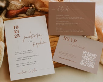 Rust Wedding Invitation Suite Template with QR Code | Printable Neutral Wedding Invitations | Editable Minimalist Boho Wedding Invites