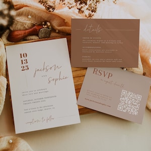 Rust Wedding Invitation Suite Template with QR Code | Printable Neutral Wedding Invitations | Editable Minimalist Boho Wedding Invites