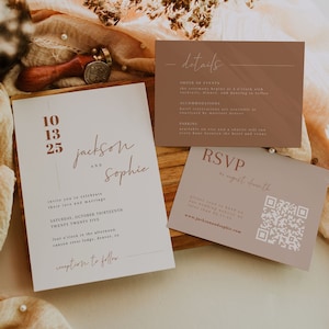 Rust Wedding Invitation Suite Template with QR Code | Printable Neutral Wedding Invitations | Editable Minimalist Boho Wedding Invites