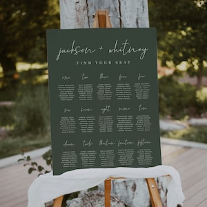 Modello di tabella dei posti a sedere per matrimonio verde foresta — Cartello per tabella dei posti a sedere per matrimonio in stile boscoso — Cartello per matrimonio verde modificabile — Tabella dei posti a sedere moderna in stile boho