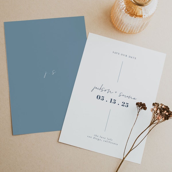 Dusty Blue Save the Date Template | Printable Modern Save the Date | Dusty Blue Wedding Save the Date with Photo | Minimalist Save the Date