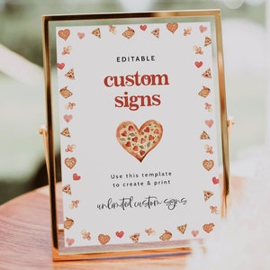 Modelo de placas personalizadas para chá de bebê com pizza, sinalização de chá de bebê com coração, tema de pizza e chupetas, uma pequena pizza, nossos corações estão a caminho