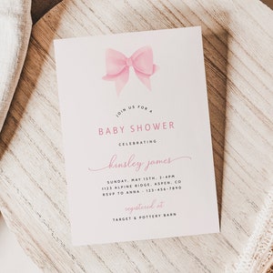 Pink Bow Baby Shower Invitation Template, Bow Theme Baby Shower Invite, Baby Girl Baby Shower Invite, Pink Bow Invitation for Baby Shower