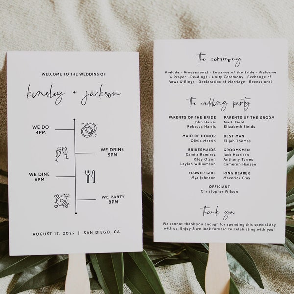 Modern Wedding Fan Program Template | Wedding Timeline Program | Wedding Fan Timeline | Printable Wedding Program Order of Service Template