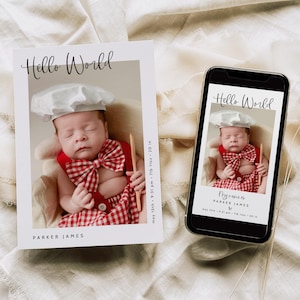 May include: A baby dressed in a chef's outfit, including a white hat and red gingham overalls, is featured in a photo on a card and a smartphone. The card and phone display the text "Hello World" and the baby's name, Parker James. The baby is 20 inches long.