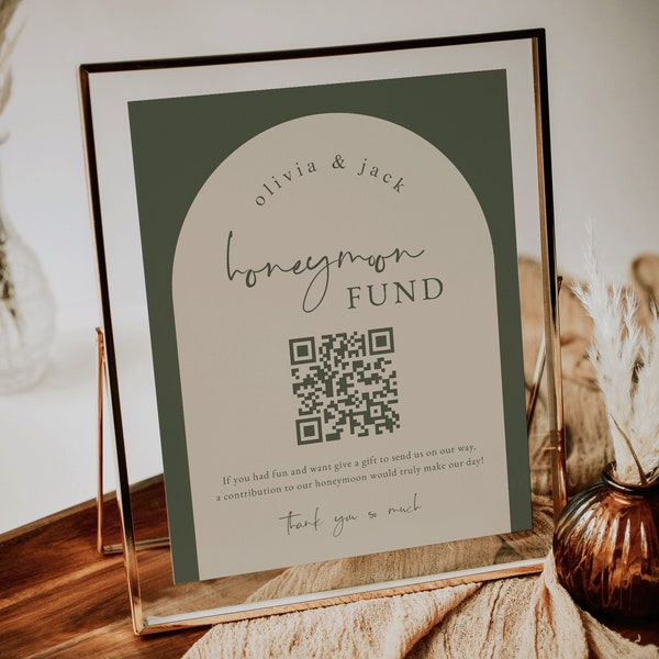 Arched Olive Honeymoon Fund Sign Template | Wedding QR Code Sign | Venmo Honeymoon Fund Sign | Olive Green Wedding Sign | Honeymoon QR Code