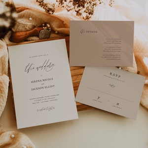 Taupe Minimalist Wedding Invitation Suite Template — Modern Wedding Invitations — Natural Tones Wedding Invitation Instant Download
