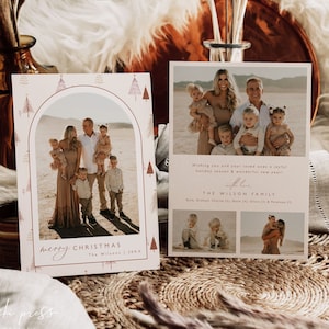 Foto-Weihnachtskartenvorlage, Bogen-Weihnachtskarte, Boho-Feiertagskarte, bearbeitbare Familienbild-Feiertagskarte, druckbare moderne Feiertagskarte