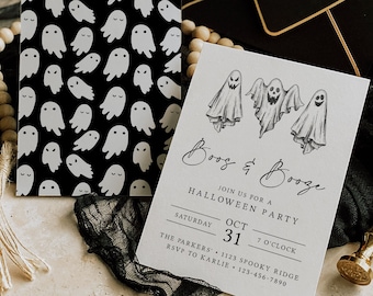 Plantilla de invitación de Halloween "Boos and Booze", invitación moderna para fiesta de Halloween, cumpleaños de Halloween, invitación de Halloween imprimible o digital.