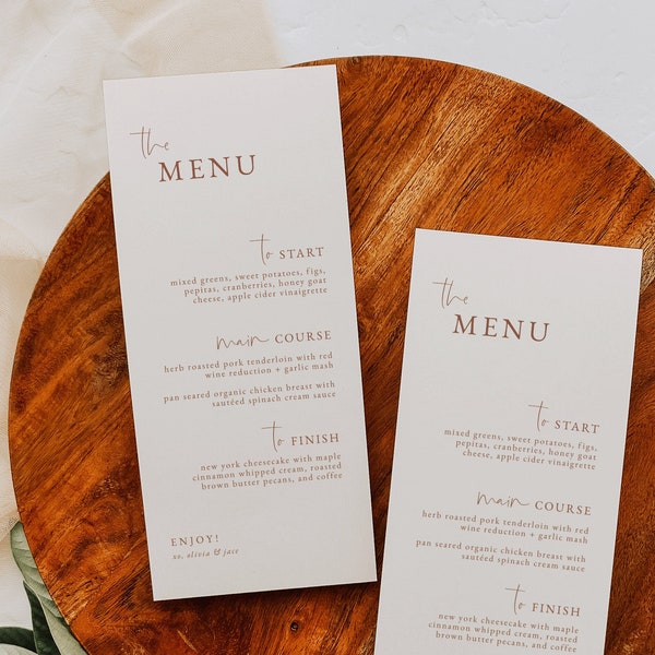 Dusty Terracotta Wedding Dinner Menu Template — Printable Modern Boho Wedding Menu — Minimalist Wedding Menu — Editable Wedding Menu