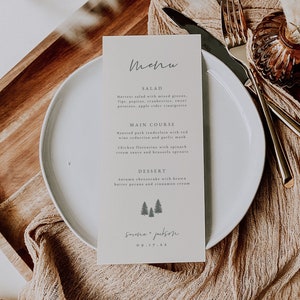 Modèle de menu de mariage forêt moderne, carte de menu pin, menu de mariage imprimable, menu de mariage rustique, menu de mariage bohème | Collection Forêt
