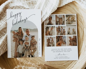 Pode incluir: Um cartão de Natal com uma colagem de fotos de uma família com o texto "happy holidays" e "Love The Parkers 20XX". O cartão também inclui o texto "Wishing you and your loved ones a joyful holiday season and wonderful new year. All our love, Kylie, Graham, Noah, Charlie, Olivia & Penelope."