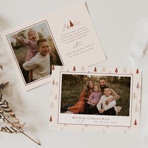 Szablon kartki świątecznej z krajobrazem | Nowoczesna kartka świąteczna | Boho Photo Holiday Card | Wydrukowana kartka świąteczna | Prosta kartka świąteczna