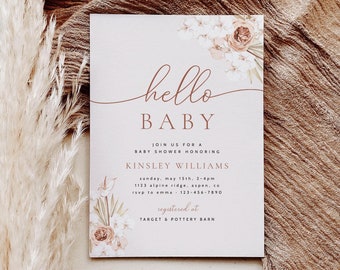 Boho Mädchen-Babyparty-Einladungs-Vorlage | Rosa Blumen Babyparty einladen | Boho Babyparty einladen | Pink Pampas Boho Mädchen Babyparty