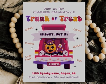 Trunk or Treat Flyer Template, Fun Retro Halloween Trunk-or-Treat, Halloween Flyer, School or Church Trunk or Treat, Editable Trunk or Treat