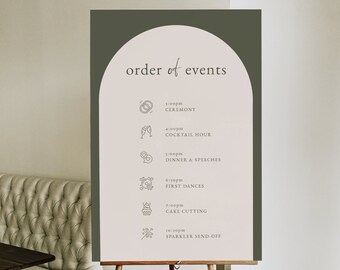 May include: A light brown sign with a dark green border and a rounded arch at the top. The sign lists the order of events for a wedding, including the ceremony, cocktail hour, dinner and speeches, first dances, cake cutting, and sparkler send-off. Each event is listed with a corresponding time and icon.