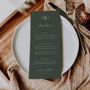 Wald Hochzeitsmenü Vorlage, Pine Tree Menükarte, Hochzeitsmenü zum Ausdrucken, Rustikales Hochzeitsmenü, Boho Hochzeitsmenü | Forest Kollektion