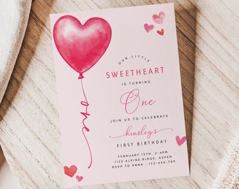 Our Little Sweetheart Is Turning One Birthday Invitation Template, Valentine's Birthday Invite, Girl First Birthday February Birthday Invite