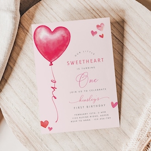 Our Little Sweetheart Is Turning One Birthday Invitation Template, Valentine&#39;s Birthday Invite, Girl First Birthday February Birthday Invite