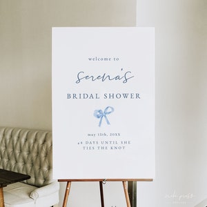 Blue Bow Bridal Shower Welcome Sign Template, Dusty Blue Bridal Shower Sign, She's Tying the Knot Bridal, Something Blue Bridal Shower Sign
