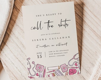 Nurse Graduation Party Invitation Template | She&#39;s Ready To Call The Shots | Nurse Graduation Announcement | Printable RN Graduation Card