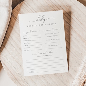Modèle minimaliste de prédictions de bébé, cartes de prédictions et de conseils pour bébé, conseils aux parents, jeux de baby shower, cartes de prédiction de bébé, PARKER