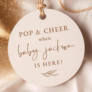Szablon etykiety Pop and Cheer When Baby is Here | Etykiety Pop and Cheer na Baby Shower | Etykiety upominkowe na Baby Shower | Naklejki z etykietami Pop and Cheer
