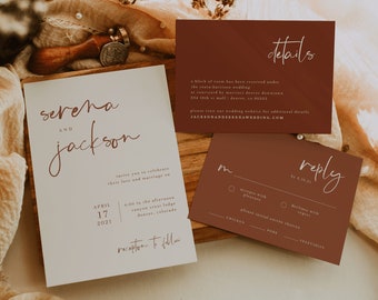 Warm Terracotta Wedding Invitation Suite Template — Boho Wedding Invitation Set — Editable Wedding Invitation Instant Download