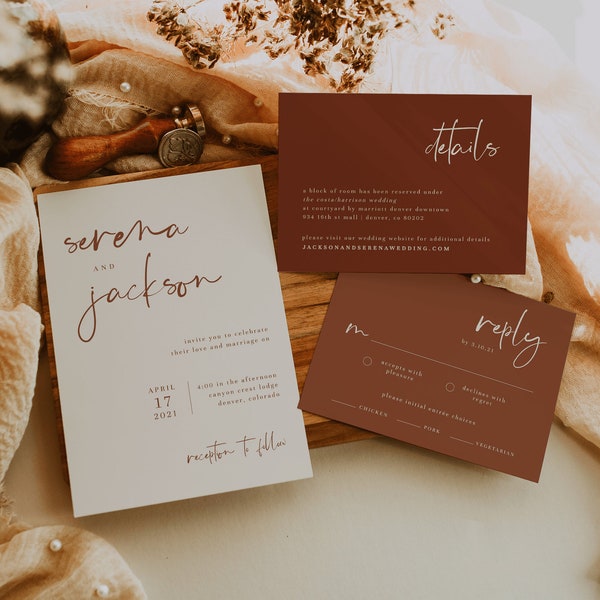 Warm Terracotta Wedding Invitation Suite Template — Boho Wedding Invitation Set — Editable Wedding Invitation Instant Download