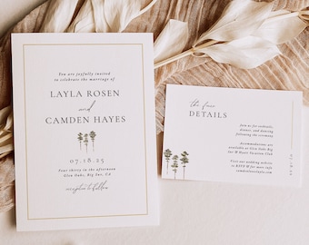 Elegant Forest Wedding Invitation Suite Template, Redwood Tree Wedding Invite, Minimalist Wedding Invite with QR Code, Invite & Details Card