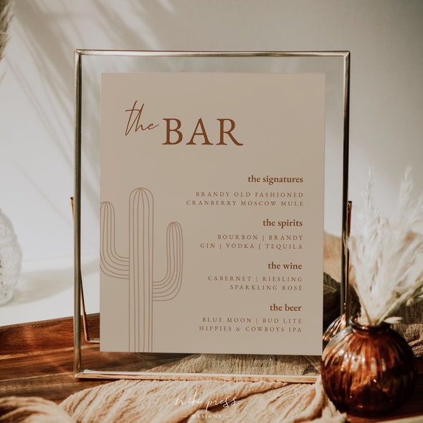 Desert Bar Menu Sign Template | Cactus Wedding Sign | Wedding Drink Menu | Western Wedding Bar Sign | Boho Terracotta Wedding Sign | SIENNA