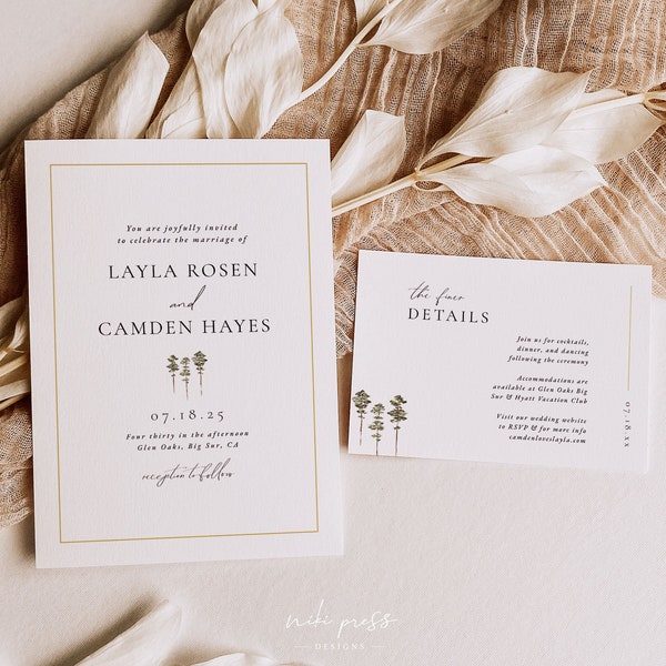 Elegant Forest Wedding Invitation Suite Template, Redwood Tree Wedding Invite, Minimalist Wedding Invite with QR Code, Invite & Details Card