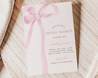 Soft Pink Bow Bridal Shower Invitation Template, Bow Theme Bridal Shower Invite, She's Tying the Knot Bridal, Pink Bridal Shower Invitation