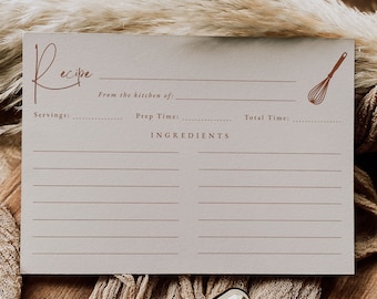 Modern Boho Recipe Card Template, Editable Recipe Cards for Recipe Box, Minimalist Recipe Card Printable, Bridal Shower Recipe Card Insert