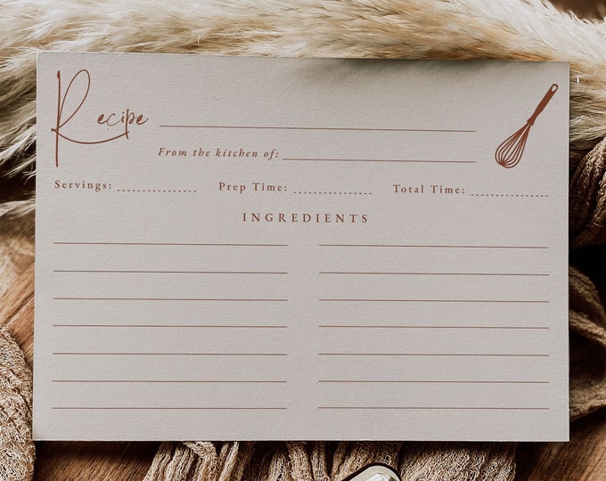 Modern Boho Recipe Card Template, Editable Recipe Cards for Recipe Box, Minimalist Recipe Card Printable, Bridal Shower Recipe Card Insert